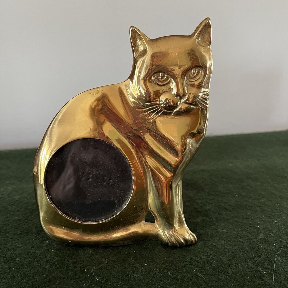 Vintage Brass Cat Picture Frame Stand Alone Heavy Brass Back Loading 6" Tall